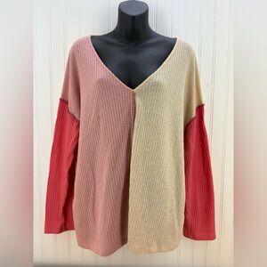 BiBi V-Neck Waffle Knit Top in Pink, Cream, and Coral S/M
